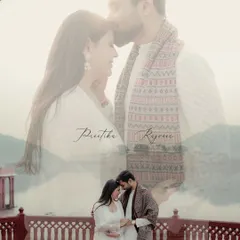 A romantic double exposure that layers an intimate forehead kiss over a wider shot of the couple by the water. This artistic composition tells a story of both closeness and their shared world.