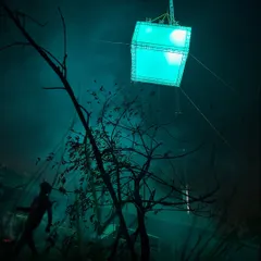 A low-angle shot of the teal-lit moonbox on the 'Kishkindhapuri' set. The combination of the light, haze, and bare trees created a perfectly eerie atmosphere.