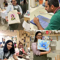 A collage showcasing the diverse artworks created during a single corporate event. From painted tote bags to abstract canvases, we offer a range of activities to suit any team's preference.