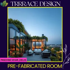 An example of a high-end prefabricated room in Paschim Vihar, designed to integrate with a rooftop garden. The structure features large glass walls, creating a modern and airy space that connects with the surrounding greenery.