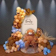 Here is the same popular teddy bear theme adapted for an indoor venue with a darker wall. The pastel balloons and warm lighting stand out beautifully, showing how we can customize our decor for any space.