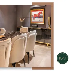Another perspective of the opulent dining room, highlighting the sleek lines of the sideboard and the comfortable curve of the dining chairs. Every element is chosen to contribute to an atmosphere of refined elegance.