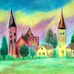Using oil pastels, we learn how to blend colors to create beautiful, dreamy skies and textured landscapes. This piece shows how we can build a whole village scene, focusing on layering colors to make the buildings and trees pop.