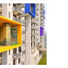 Another view of the Krishnasagar Township concept, where these cultural 'sky-pavilions' are staggered along the building facade. They act as colorful, art-filled beacons of community within the larger structure.