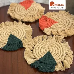 Another view of the coaster set. They are handcrafted from natural jute and cotton, making them eco-friendly and durable.