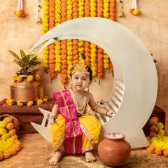 A little Krishna sitting gracefully on a crescent moon prop. Our unique props help create stunning and memorable images for your child's festive photoshoot.