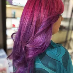The back view of the pink and violet hair, showing the beautiful melt between the two vivid colors.
