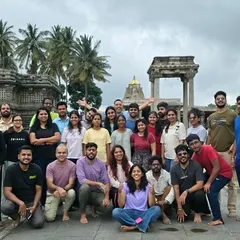 A group photo in front of the beautiful Chennakeshava Temple. Our heritage treks combine history, art, and nature.