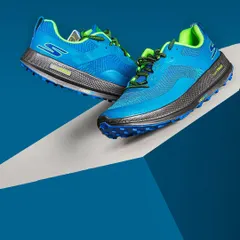 Dynamic studio shot of Skechers Go Run athletic shoes, using bold colors and angular composition to create a sense of energy and motion. This style of footwear photography is perfect for advertising campaigns that need to pop.