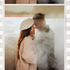 A dreamy, intimate moment inside the vintage van, with smoke creating a soft, romantic haze. This shot has a beautiful, film-like quality.