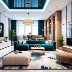 A luxurious living room with a striking blue reflective ceiling and a large teal sectional sofa. I use elements like this to create a dramatic and sophisticated feel.