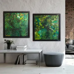 'Beauty of Wilderness', a set of two paintings that capture the dense, lush feel of a tropical forest. These pieces are designed to be displayed together to create an immersive window into nature, perfect for a living room or office.
