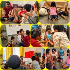Our summer camps are filled with expressive exploration and fun. Here, children are engaged in a puppetry and theatre session, learning to tell stories through art and movement.