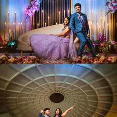Two creative portraits from a reception. The top image is an elegant posed shot on a beautifully lit stage, while the bottom uses the unique architecture of the venue's dome for a dramatic, artistic photograph.