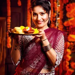 Offering a plate of sweets, this model showcases a classic Diwali look. The makeup is festive and bright, with a red lip that stands out beautifully.
