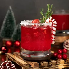 A festive Christmas cocktail that looks like holiday cheer in a glass. The red color, candy cane garnish, and snowy rim make it a perfect visual for any holiday promotion.