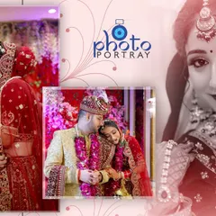 A romantic album page design, showcasing tender moments between the couple and a striking portrait of the bride.