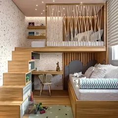 A beautiful loft bed design that incorporates a desk and storage into a single unit. The stairs feature built-in cubbies for toys and books, and the rope-like partition adds a unique, decorative element.