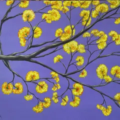 A celebration of Bengaluru's spring, this painting 'Yellove' features the Golden Trumpet tree. The vibrant yellow flowers against a purple sky create a striking contrast, capturing the city's fleeting but magical transformation.