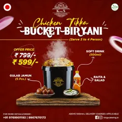 A great deal for biryani lovers. Get our Chicken Tikka Bucket Biryani, which serves 3-4 people, for just ₹599. It comes with 5 pieces of Gulab Jamun, a soft drink, raita, and salad.