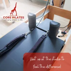 A close-up of our high-quality reformer, inviting you to visit our studio and feel the difference that premium equipment makes.
