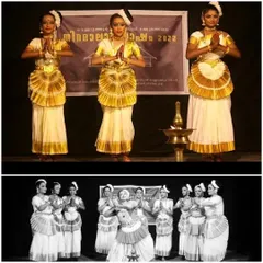 A collage of performances at a temple festival, showing both our senior and junior dancers offering their art.