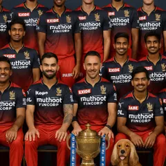 The official team photo, but with a special furry addition. Posto fits right in with the RCB champions.