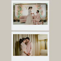 Two polaroids telling a story. The top frame captures the classic proposal on one knee, while the bottom shows a sweet, intimate embrace. A perfect summary of their engagement.