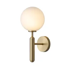 A detailed look at my brass globe wall sconce. The simple yet refined design features a spherical frosted glass diffuser on a clean metallic base, making it a versatile choice for any modern interior design scheme.