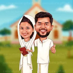 A classic Christian wedding caricature, with the couple dressed in traditional white attire in front of their church. It's a simple and elegant way to capture the memory of your special day.
