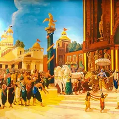 A wide view of a large-scale oil painting depicting Lord Krishna's grand arrival in the city of Dwarka. This reproduction captures the epic scale of the event, with cheering crowds and magnificent architecture.