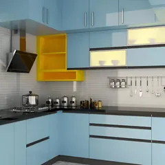 This L-shaped kitchen uses a playful color palette of sky blue and bright yellow for a cheerful and energetic feel. We incorporated glass-front cabinets with internal lighting to display crockery while keeping it dust-free.