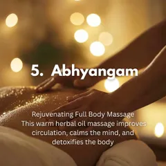 This image captures the essence of Abhyangam. It's a rejuvenating full-body massage where warm herbal oil improves circulation, calms the mind, and detoxifies the body, leaving you with a sense of complete well-being.