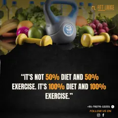 Our philosophy is simple: you can't separate diet and exercise. To achieve real, lasting results, you need to give your full commitment to both. This image, showing weights and healthy food, represents the balanced, all-in approach we take with our nutritional guidance.