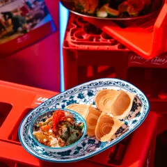A creative composition for Banng, using stacked plastic crates as a colourful and unconventional backdrop for the food.