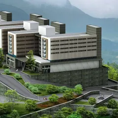 A visualization of a large-scale hospital master plan designed for a challenging hillside location. This demonstrates my capability in terrain-responsive design, involving complex circulation planning for vehicles and pedestrians, and tiered building placement to minimize site disruption and maximize views.