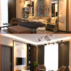 A collage of a modern bedroom, showing the interplay of dark wood, marble-patterned panels, and statement art to create a warm and creative space.