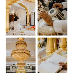 A collage of the details that made the Gurudwara ceremony so special: the tabla, the holy book, the grand chandelier, and the Granthi in prayer.