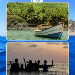The serene side of Gokarna: a lone boat on a quiet beach and the silhouette of friends enjoying the sunset in the water.