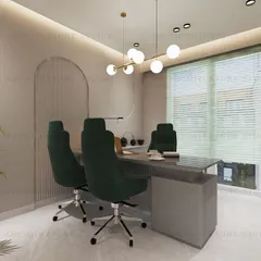 The main office area, with emerald green chairs and a sleek conference table. The arched, fluted wall panels add a soft, architectural detail.
