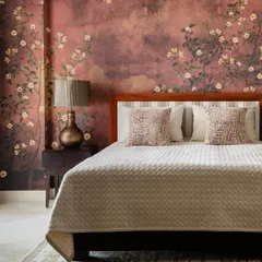To capture the feeling of autumn, I designed this bedroom wallpaper with a moody, textured background and delicate flowering branches. The deep rust and earthy tones create a warm, cozy retreat that feels like a permanent golden hour.