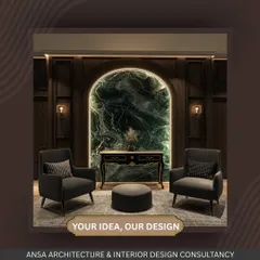 Your idea, our design. This moody, modern seating area is a perfect example of how I blend drama and depth. The arched, backlit green marble panel creates a stunning focal point, framed by dark wood and elegant armchairs.