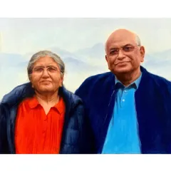 This is a commissioned couple's portrait, set against a subtle mountain landscape. I worked with oil on linen to capture the relationship and shared moment between the two individuals.