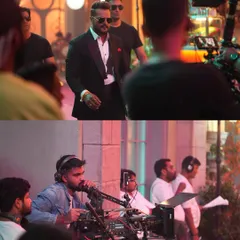 This collage from a Patanjali toothpaste commercial shows our sound operator with a boom microphone, a standard and essential tool for capturing clean dialogue on a commercial set. We work to position our equipment to get the best possible sound while remaining invisible to the camera.