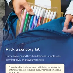 A simple tip for calmer outings is to pack a sensory kit. Familiar items like noise cancelling headphones, calming toys, or a favorite snack can help your child stay regulated in unfamiliar spaces.