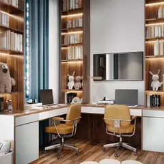 This luxurious L-shaped study station is perfect for two siblings. Flanked by floor-to-ceiling bookshelves with integrated lighting, it creates a warm and inviting library-like atmosphere for focused work.