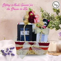 A special hamper curated for the groom-to-be. This basket combines his favorite snacks with elegant accessories like cufflinks, making it a thoughtful and personalized pre-wedding gift.