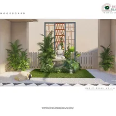 We believe in giving you choices. This moodboard presents one of several options for an indoor courtyard, featuring a white picket fence detail and a traditional window screen for a classic, charming Zen garden design.