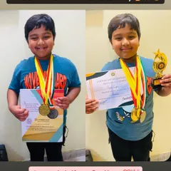 A truly proud moment for the academy. Here is my student Parth, beaming with his certificates, medals, and trophy. It's wonderful to see his hard work and talent recognized.
