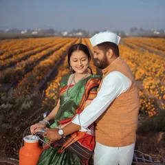 A sweet moment from a farm-themed pre-wedding shoot. The couple shares a quiet interaction on a vintage bicycle, surrounded by endless rows of marigolds. I aim to capture these simple, authentic gestures of love.